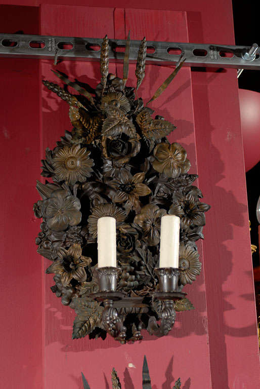 Pair of Two-Light Floral Tole Sconces, circa 1890s 1