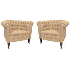 Pair of Barrel Back Upholstered Club Chairs, England, 19th c.