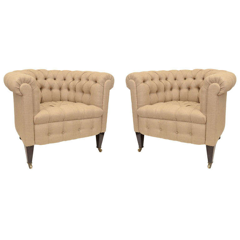 Pair of Barrel Back Upholstered Club Chairs, England, 19th c.