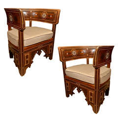 Pair of Moroccan M O P Inlaid Arm Chairs