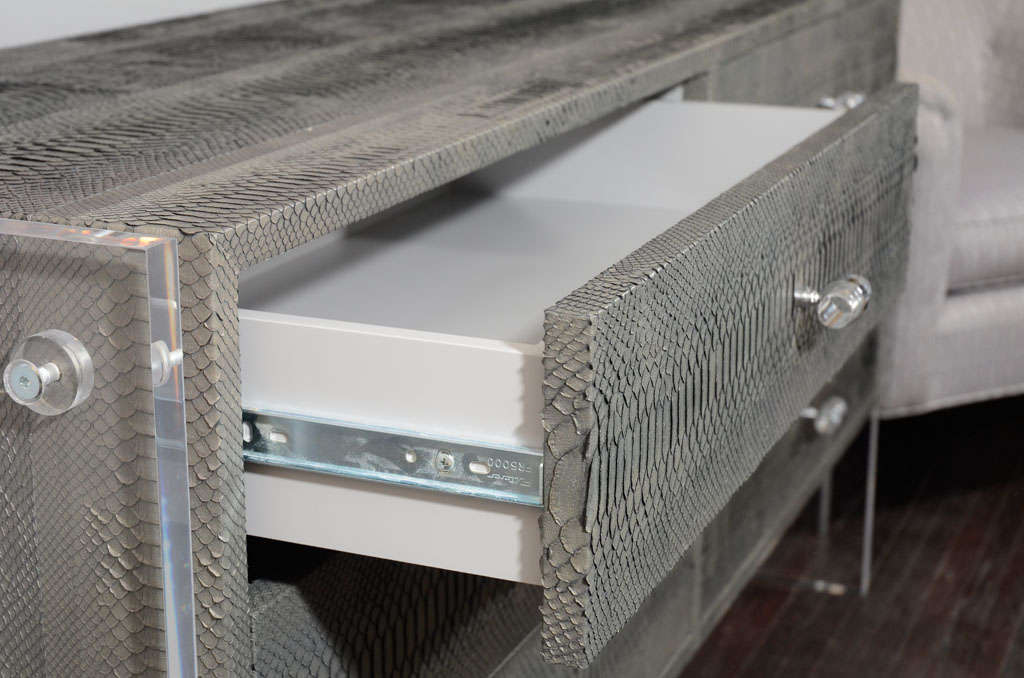 6-Drawer Grey Gunmetal Python Dresser with Lucite Side Panels For Sale 1