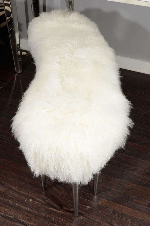 Curved Mongolian Fur Bench with Stainless Steel Legs In New Condition In New York, NY