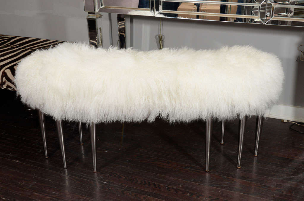 Modern Curved Mongolian Fur Bench with Stainless Steel Legs