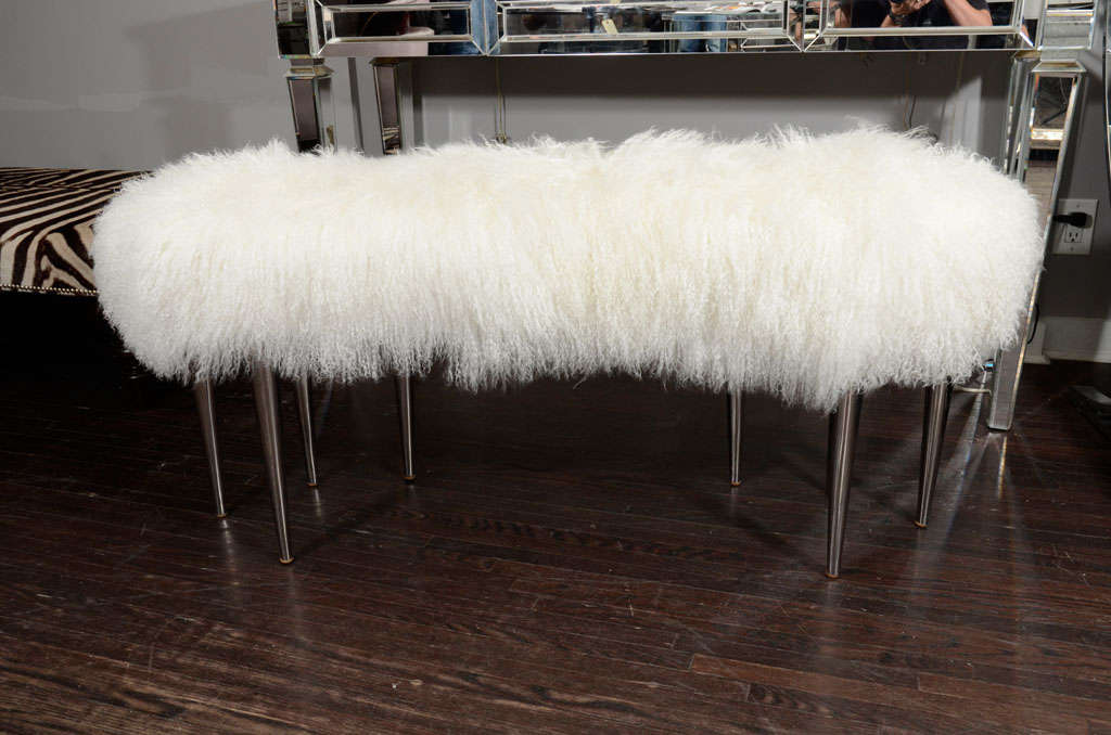 Custom curved Mongolian fur Bench with stainless steel legs. Customization available in different sizes and finish.