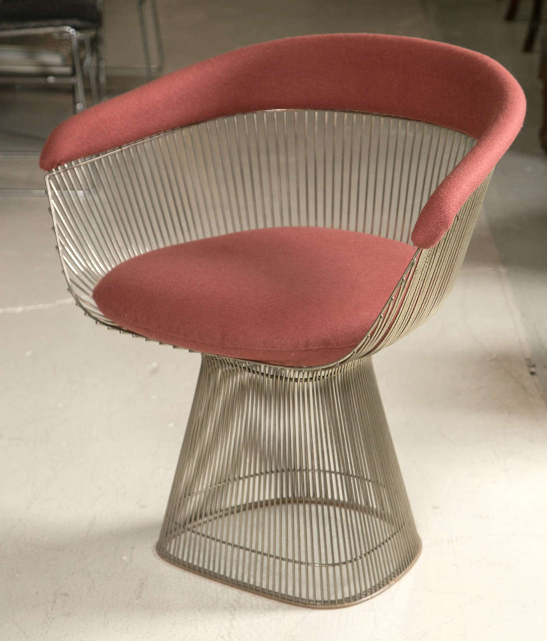 Pair of Warren Platner dining chairs. Ca 1970s. Warren Platner for Knoll. upholstered in a Brunschwig et Fils red wool fabric. 2 pairs available. 1 chair retains original Knoll label.