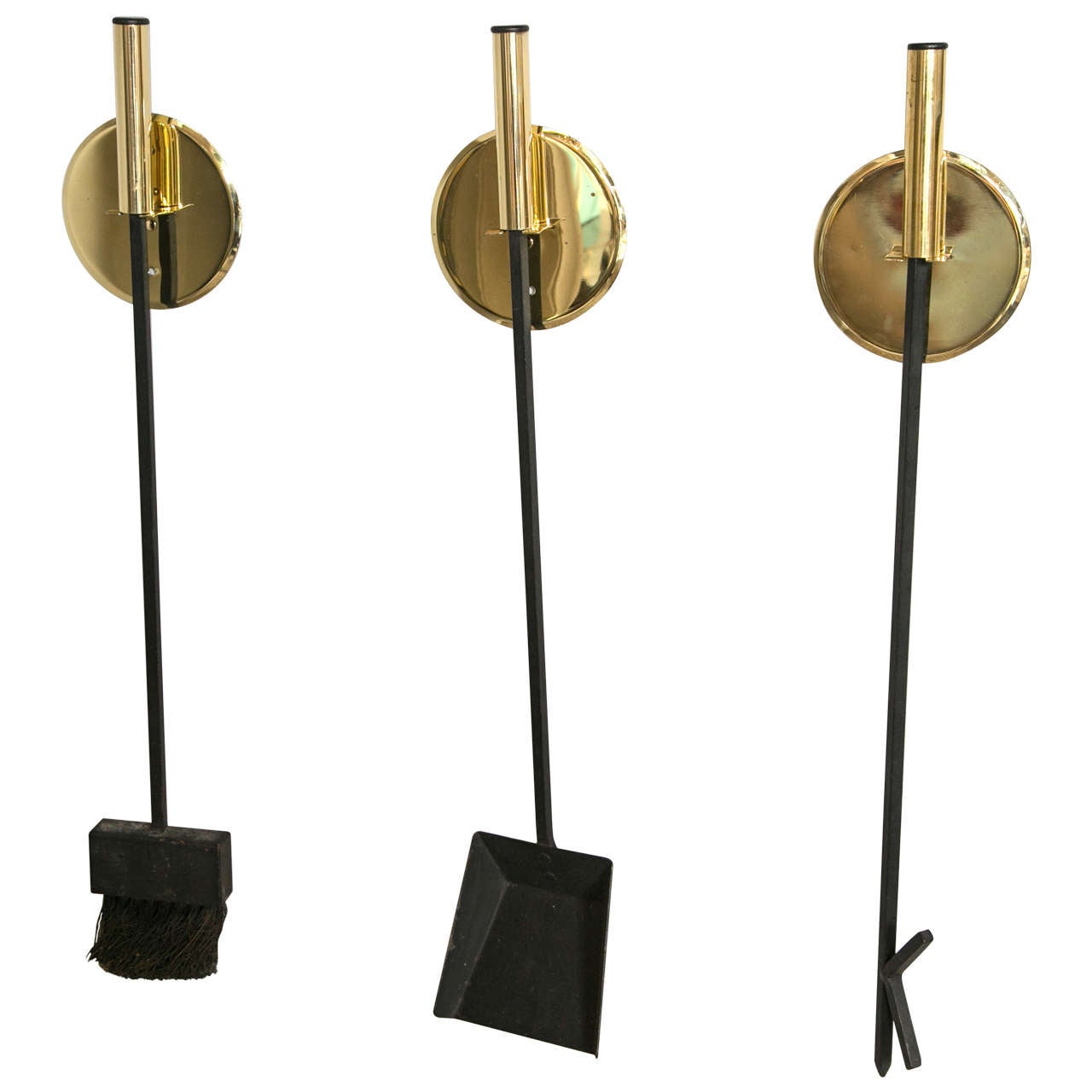 Wall mounted Mid Century brass fireplace tools, set of three For Sale