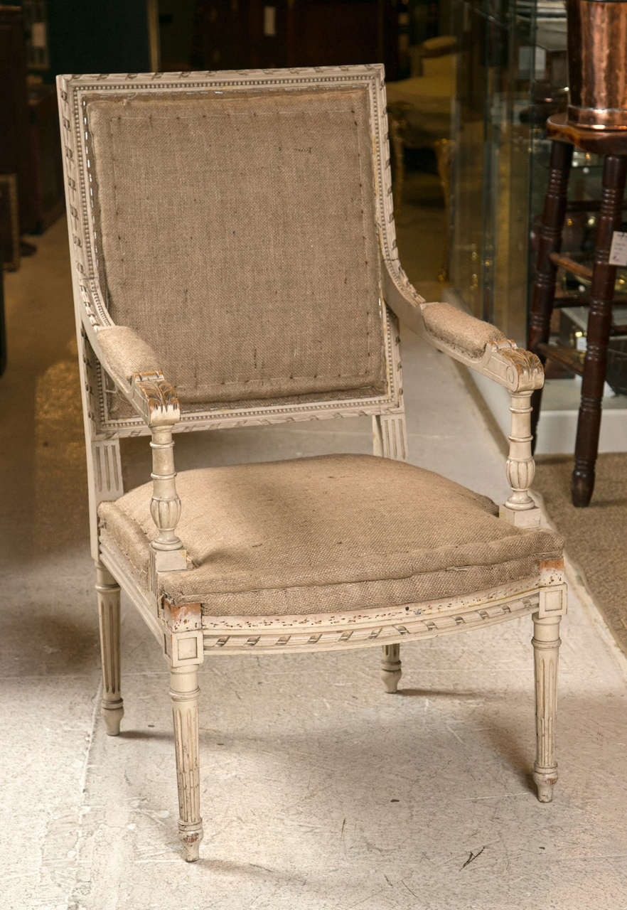 Pair of Good Size French Arm Chairs #037-17.  In original paint with hessian fabric. c1900 .  add piping or studs. or reupholster .