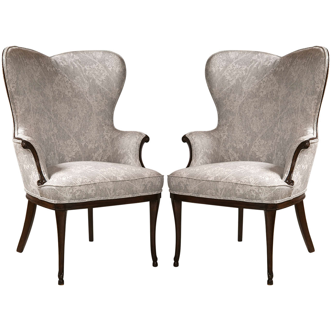 Pair of french heart shaped wing chairs in mahogany legs and detail