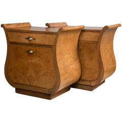 Pair of Italian Deco Burl wood side tables with scrolling edge
