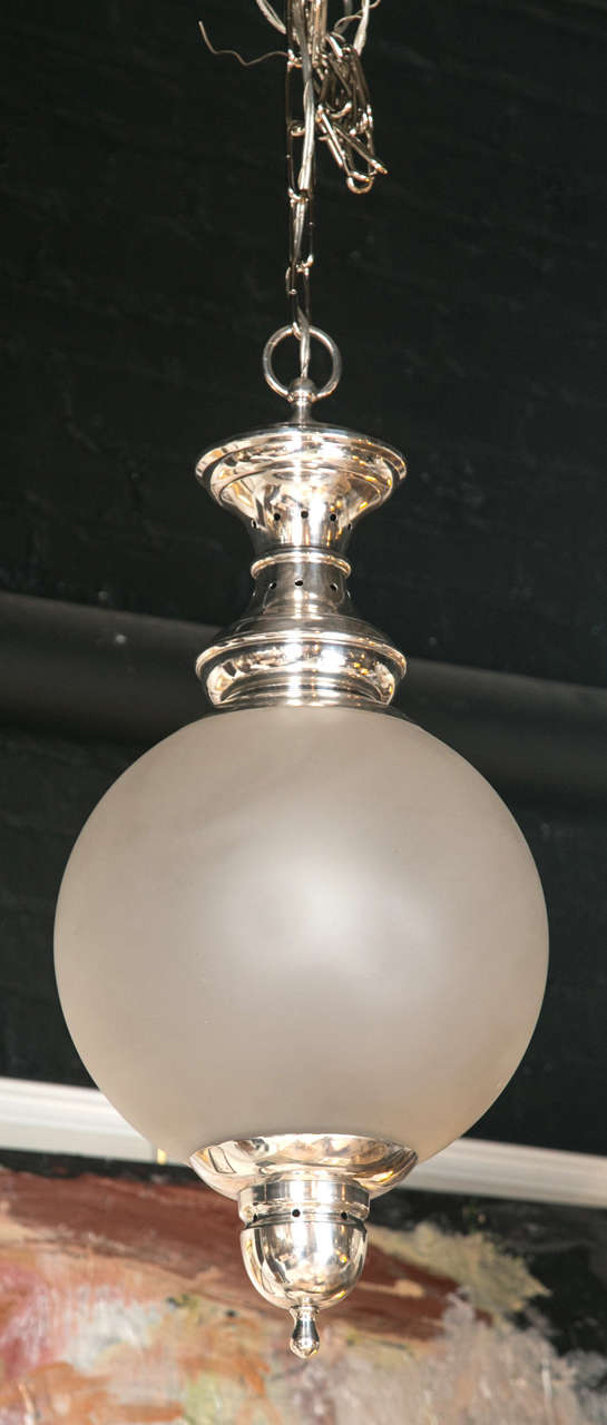 French Silver Plated & Frosted glass hanging light In Excellent Condition In Stamford, CT