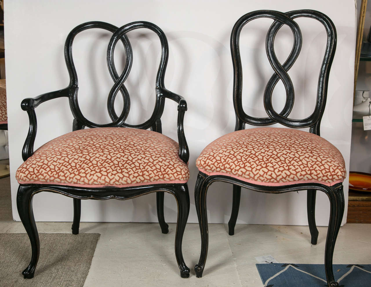 1940s Dining Chairs upholstered in Coral velvet fabric.  Set of 8, 2 arm and 6 side chairs.