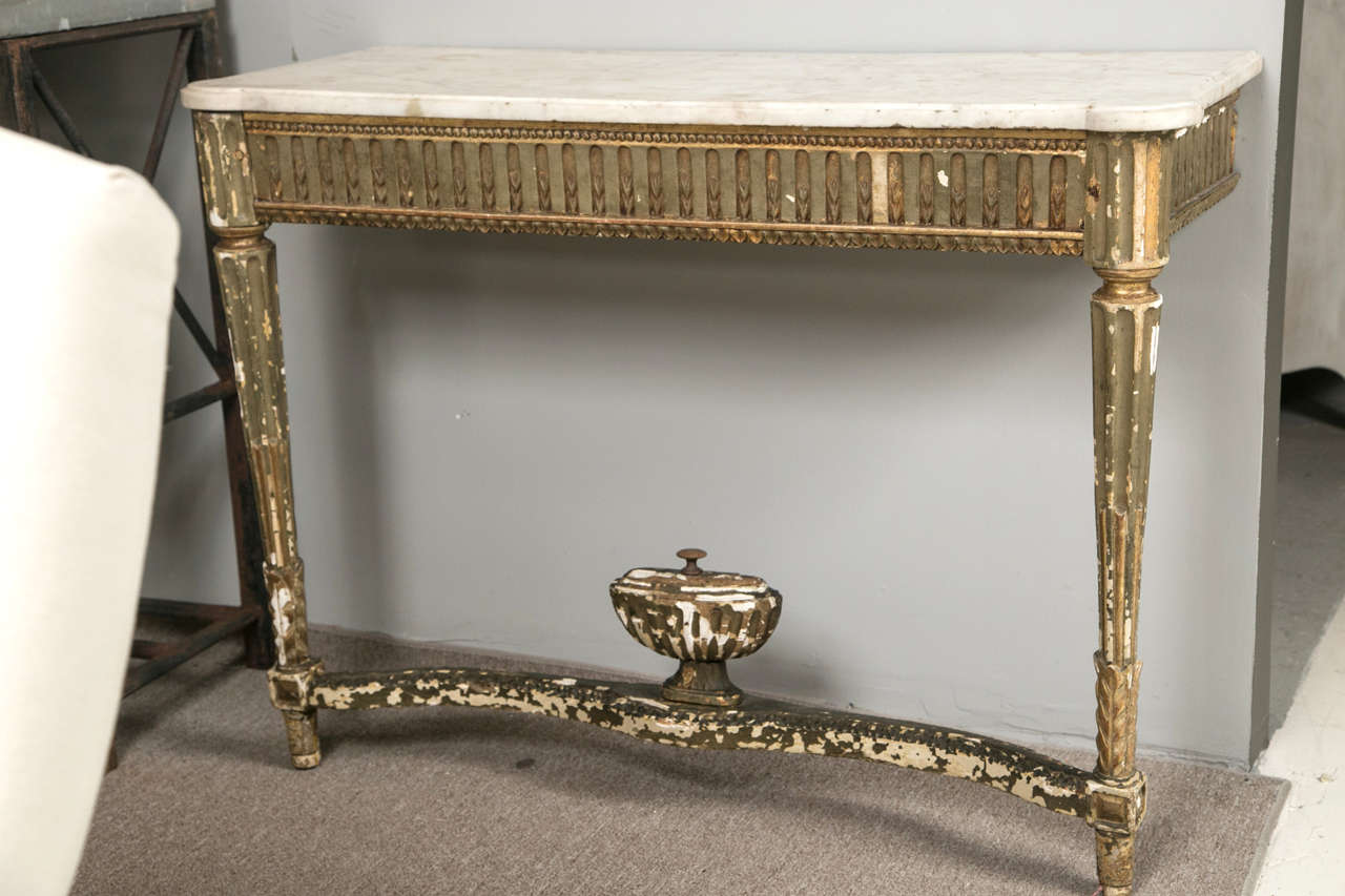 19th c. French Marble top Console Table, putty green paint and gilded gold