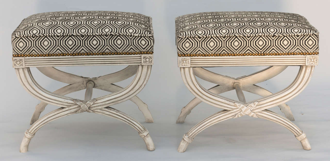 Pair of Upholstered X-frame Stools
