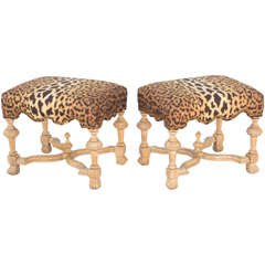 Vintage Pair of Stools with Leopard Upholstery