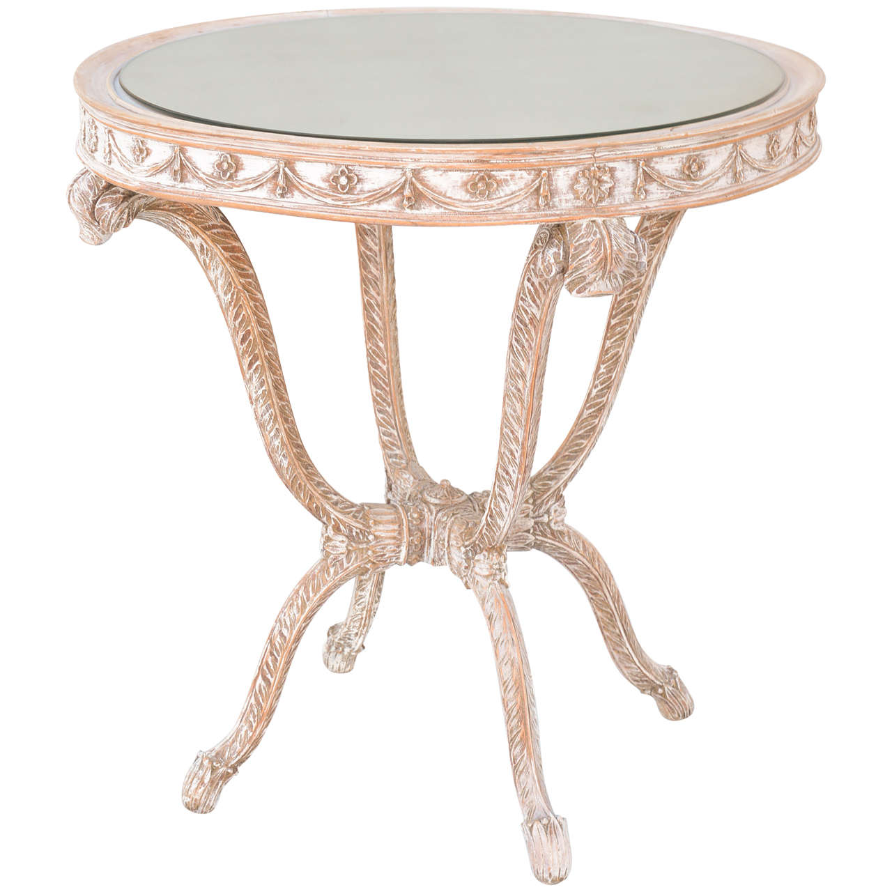Italian Occasional Table with Mirrored Top on Carved Wood "Plume" Base For Sale