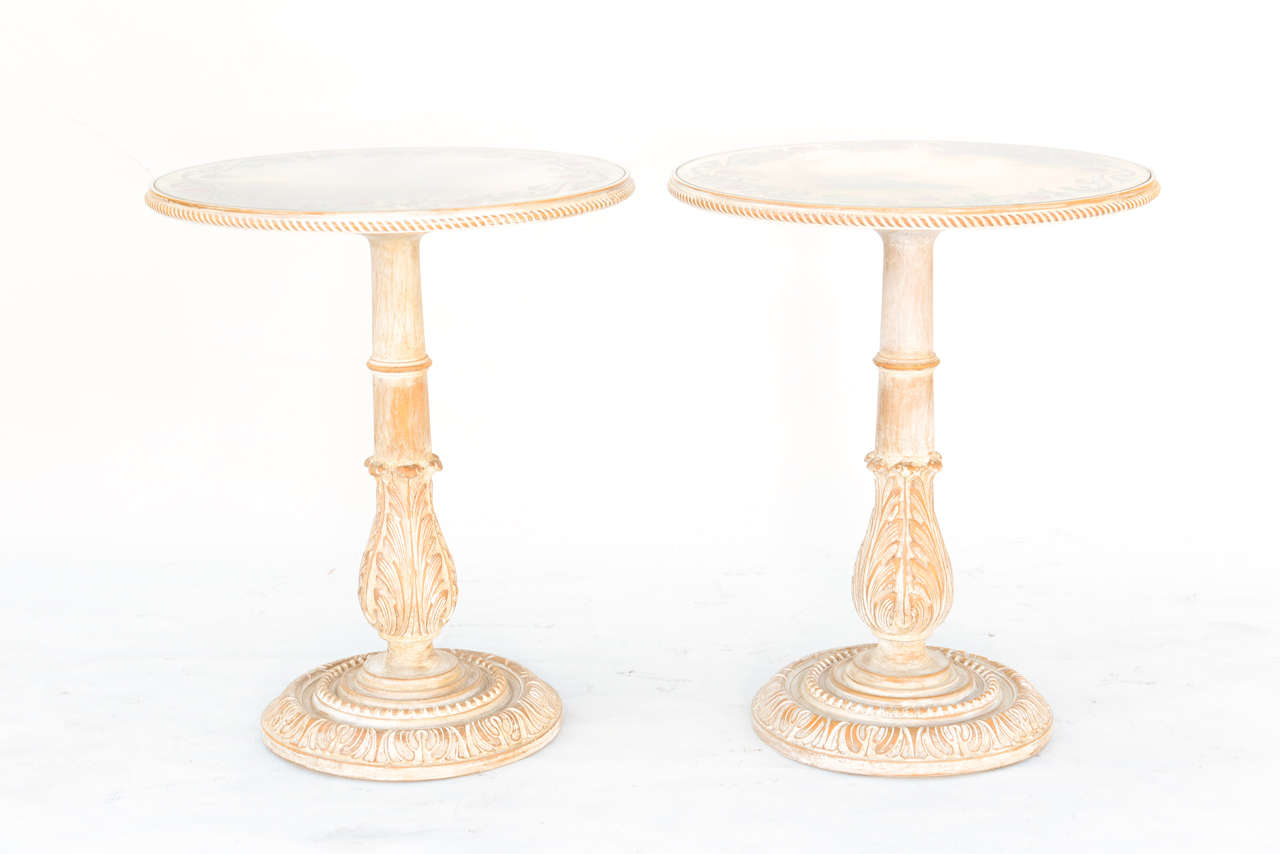 Carved Pair of Italian End Tables with Eglomise Mirrored Tops