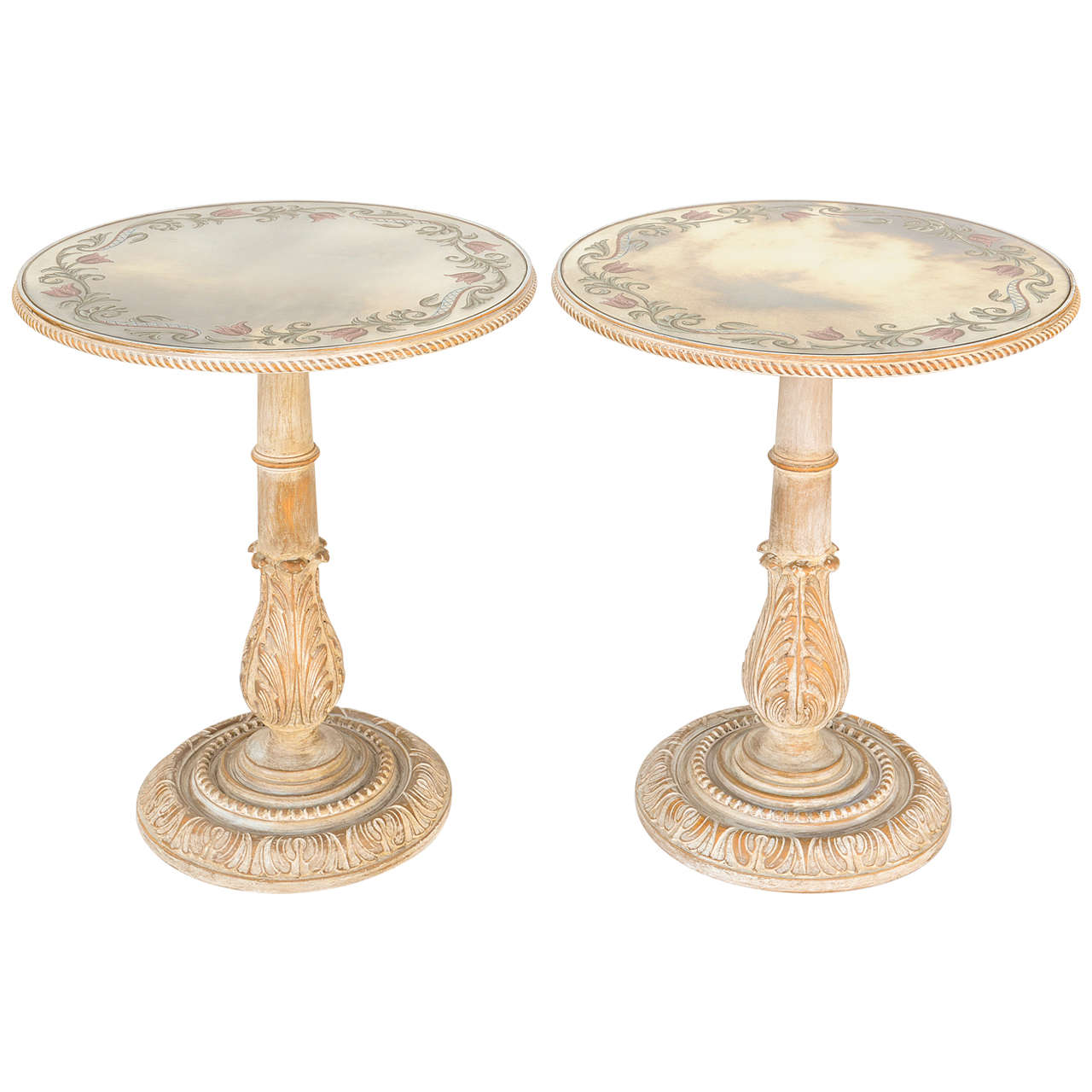 Pair of Italian End Tables with Eglomise Mirrored Tops