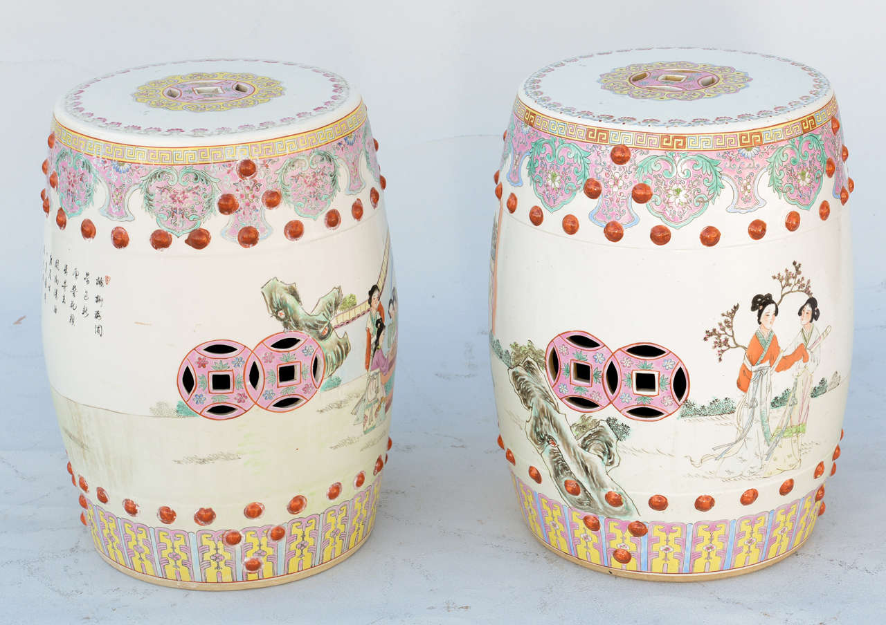 Qing Pair of Famille Rose Garden Stools