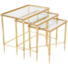 Nest of Three Jansen Style Brass Tables with Original Mirrored Edge Glass Tops