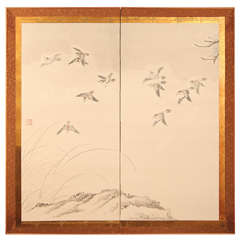"Sparrows in Flight" Two-Panel Screen