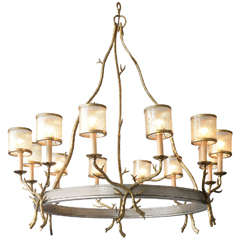 Twelve-Light Steel and Bronze Chandelier