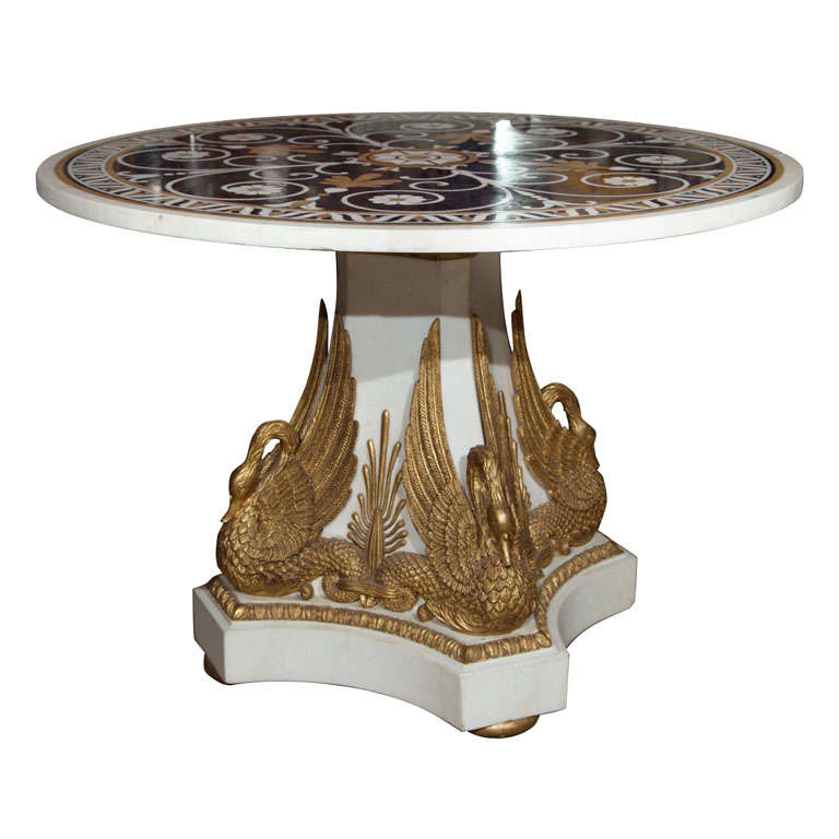 Center Hall Inlaid Marble Pietra Dura with Swan Base