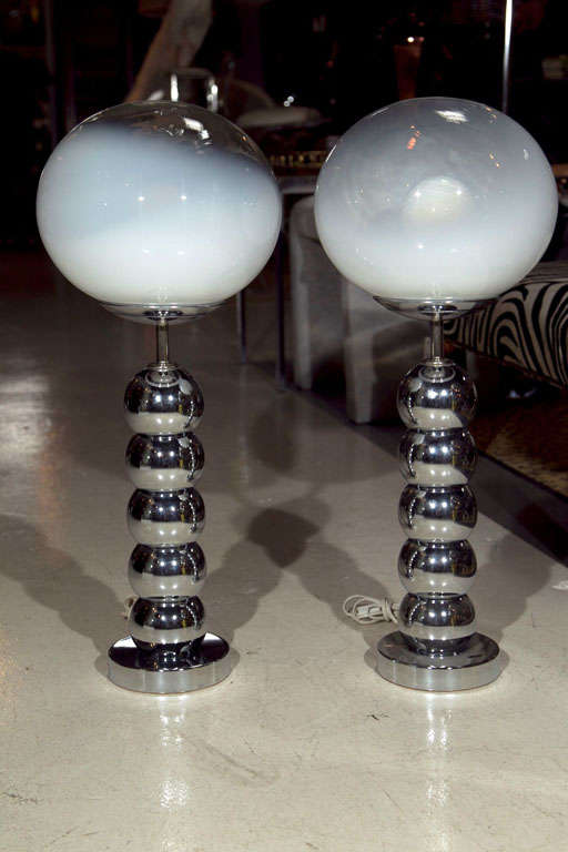Chrome "Ball" Lamps with Opaline Glass Shades