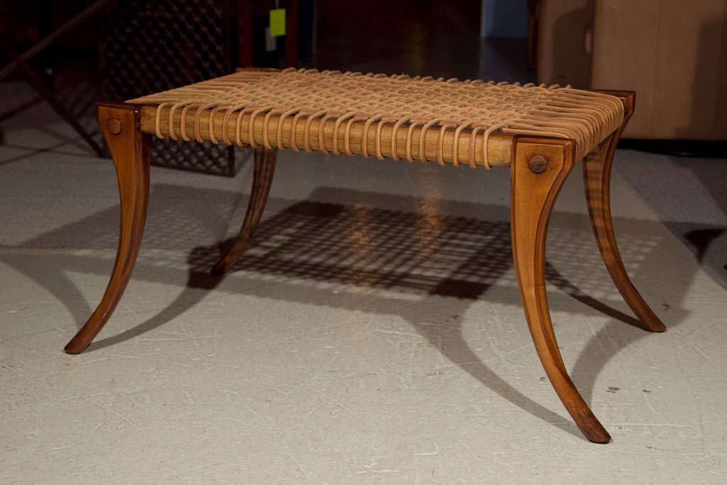 Saber Leg Klismos Bench crafted in walnut and leather in the style of T.H.Robsjohn Gibbings