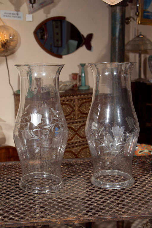 Pair of Hand-blown Etched Hurricane Shades