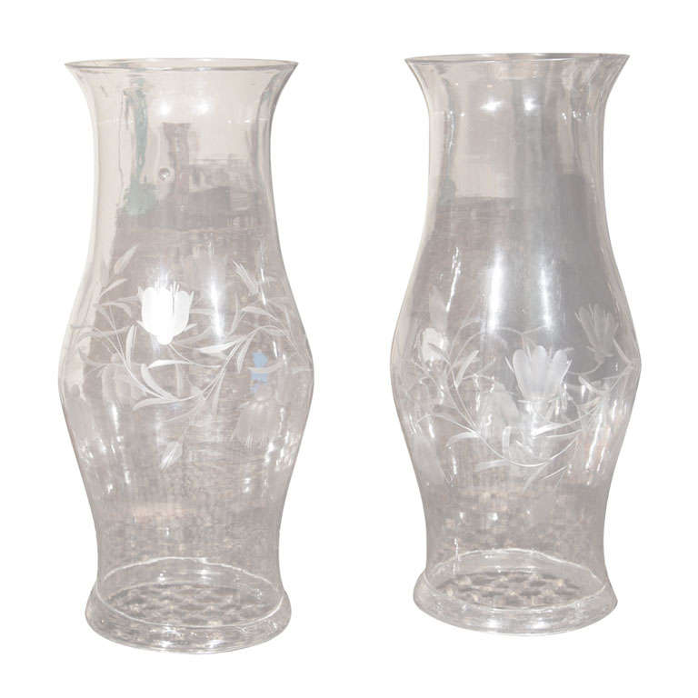 Pair of Hand-blown Etched Hurricane Shades