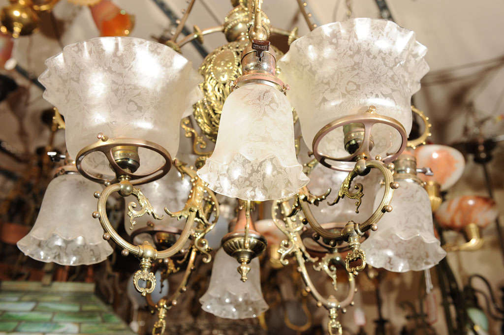 Victorian Gas and Electric Eight Arm Chandelier In Excellent Condition In Petaluma, CA