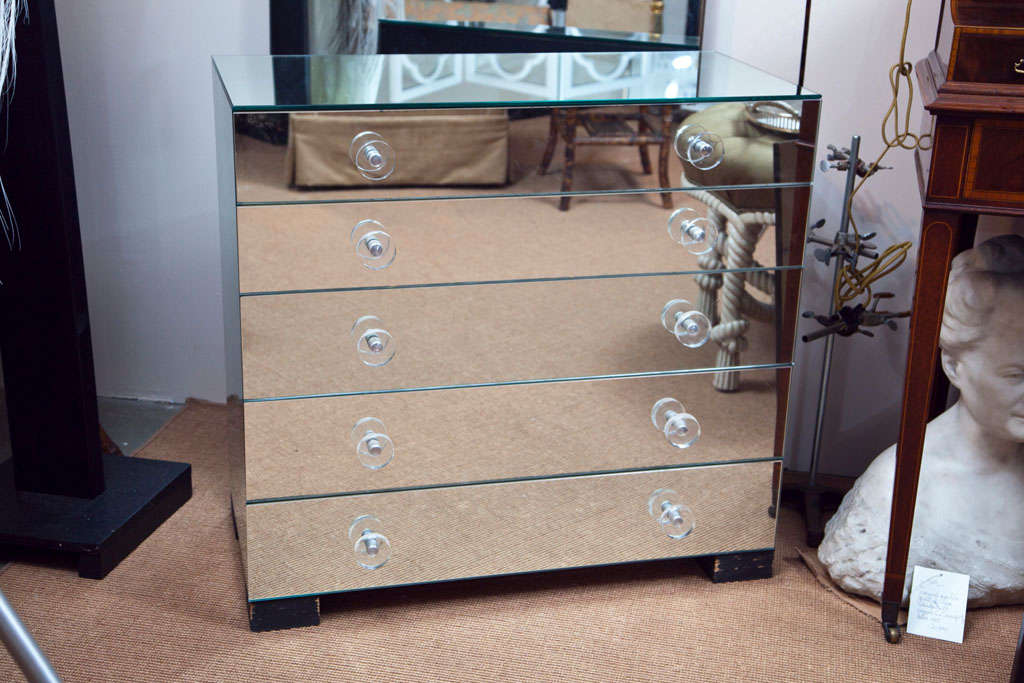 American Five Drawer Mirrored Chest with Lucite Knobs