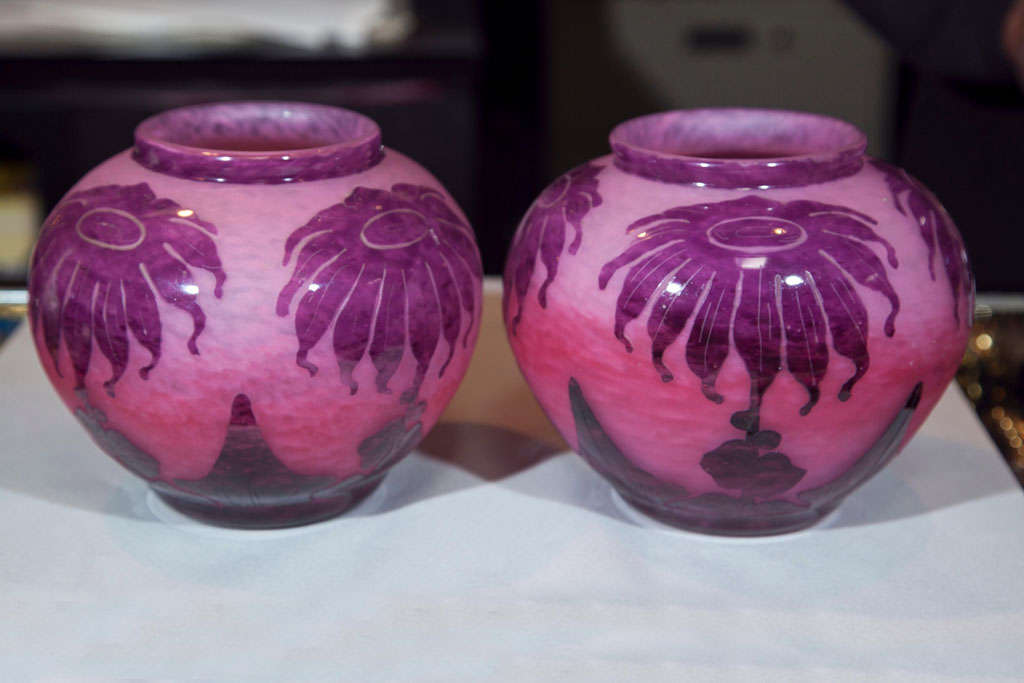 Pair Le Verre Francais Glass Vases in amethyst hues
