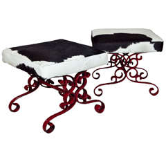 Pair of Wrought-Iron Benches with Cowhide