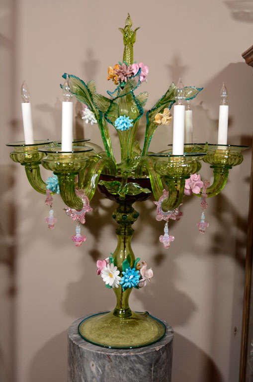 A green glass six-branch table lamp with multicolored flowers and leaves. 18th century style. (Will be shipped disassembled.)