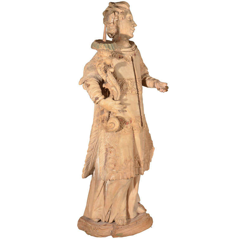 18th Century Carved Wooden Statue of a Torch Bearer For Sale