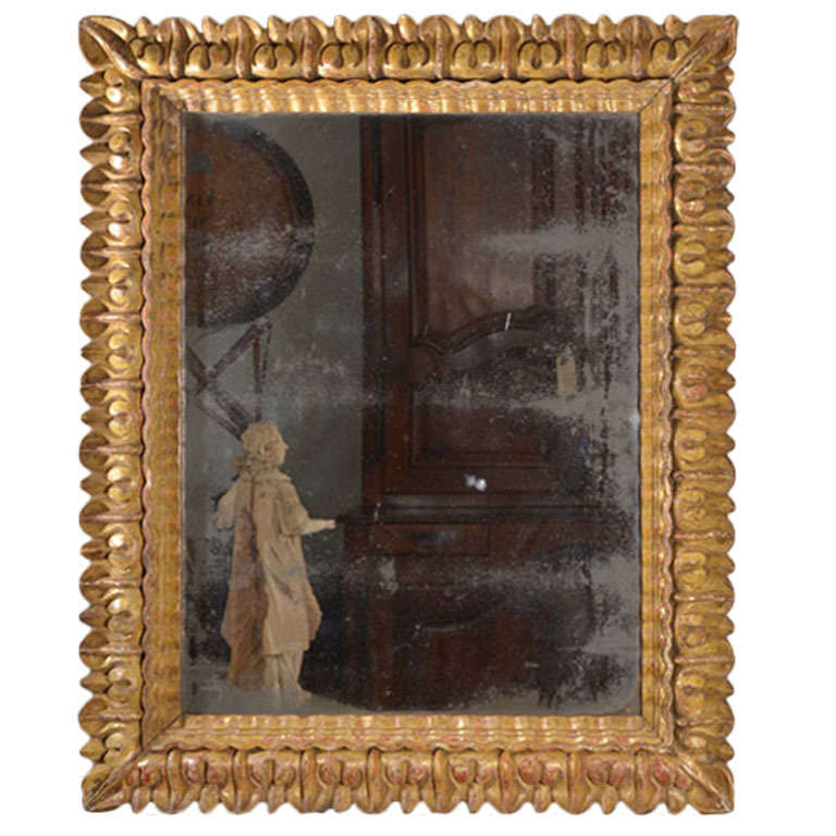 18th Century Carved Giltwood Italian Mirror with Original Glass In Excellent Condition For Sale In Houston, TX