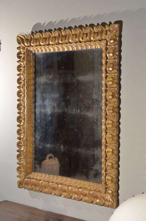 18th Century and Earlier 18th Century Carved Giltwood Italian Mirror with Original Glass For Sale