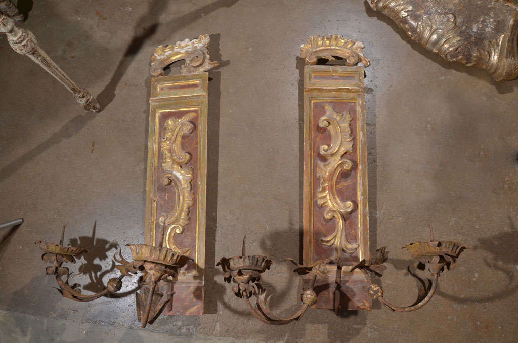 18th C. French Fragment panels with 18th C., or earlier, Italian Iron work.  Gilt scroll work in center.