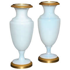 A Fine Pair of Antique French White Opalescent Ormolu Mounted Vases