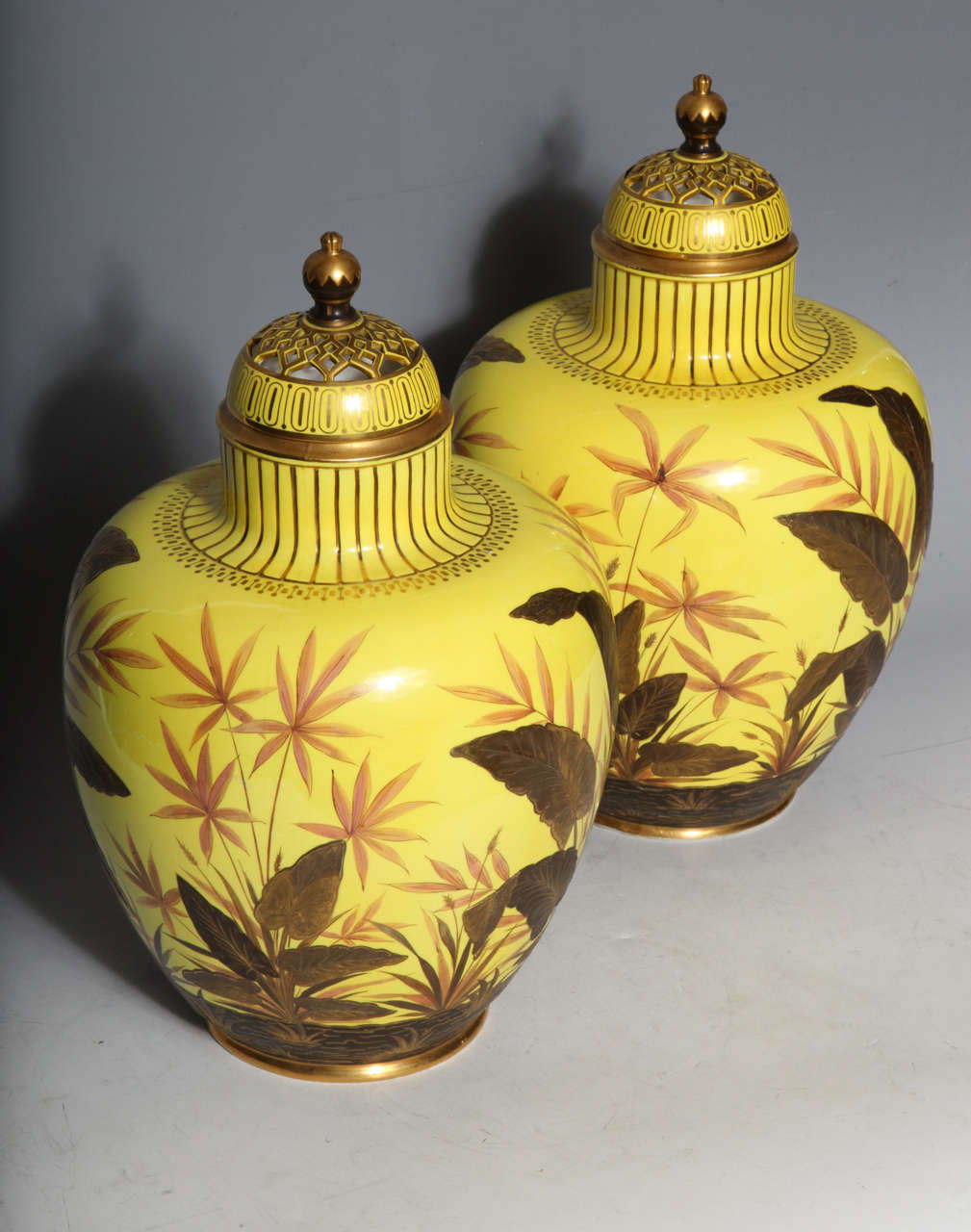 Unusual Pair of Yellow Ground Antique Royal Crown Derby Porcelain Vases For Sale 1