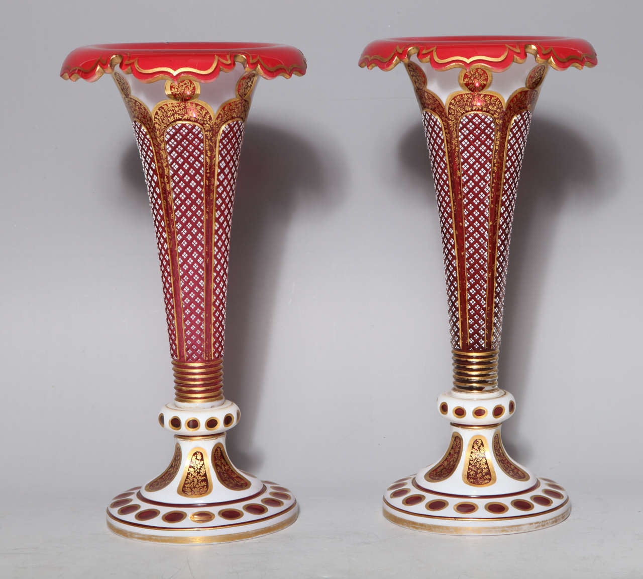 Pair of Antique Bohemian Double Overlay Cut-Glass Vases In Good Condition For Sale In New York, NY