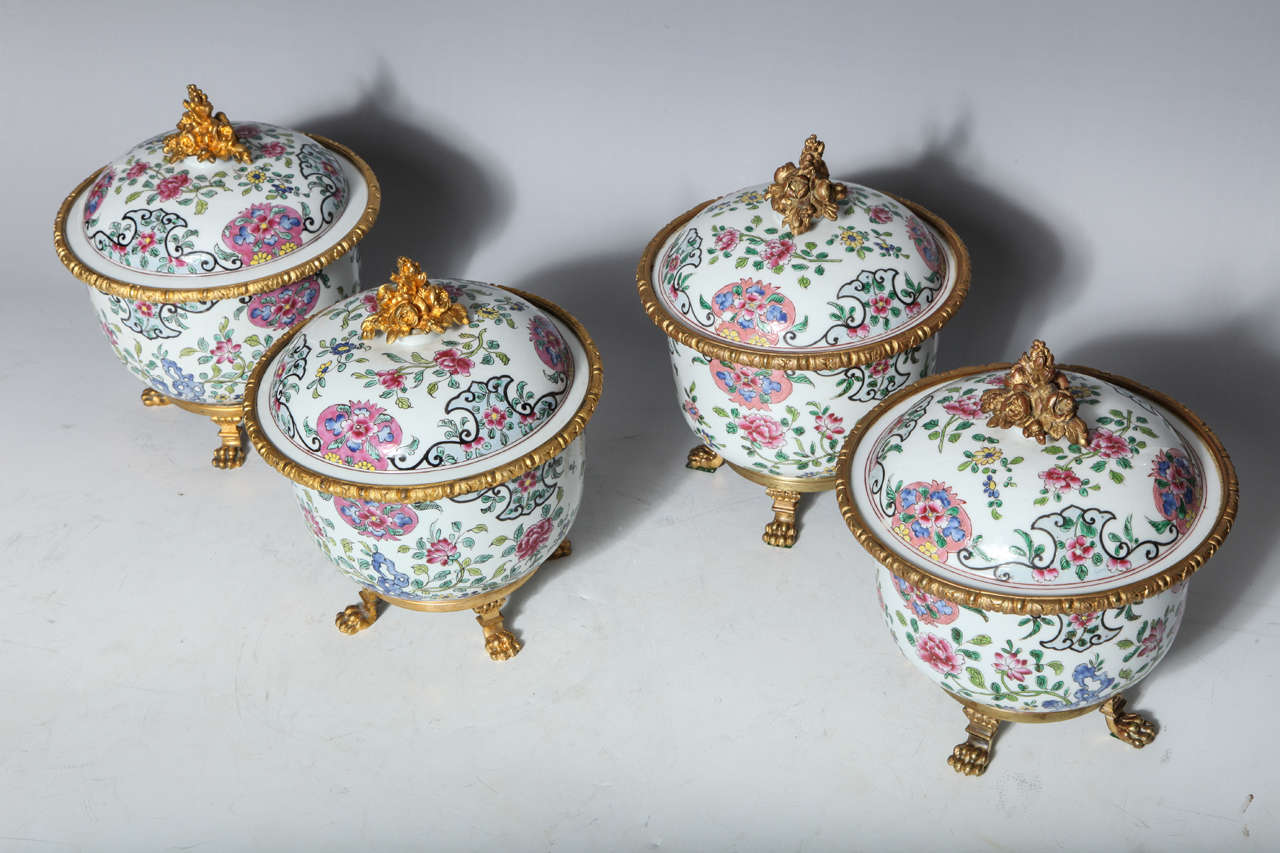 Louis XVI Set of Four Antique Chinese Famille Rose Porcelain Covered Compotes