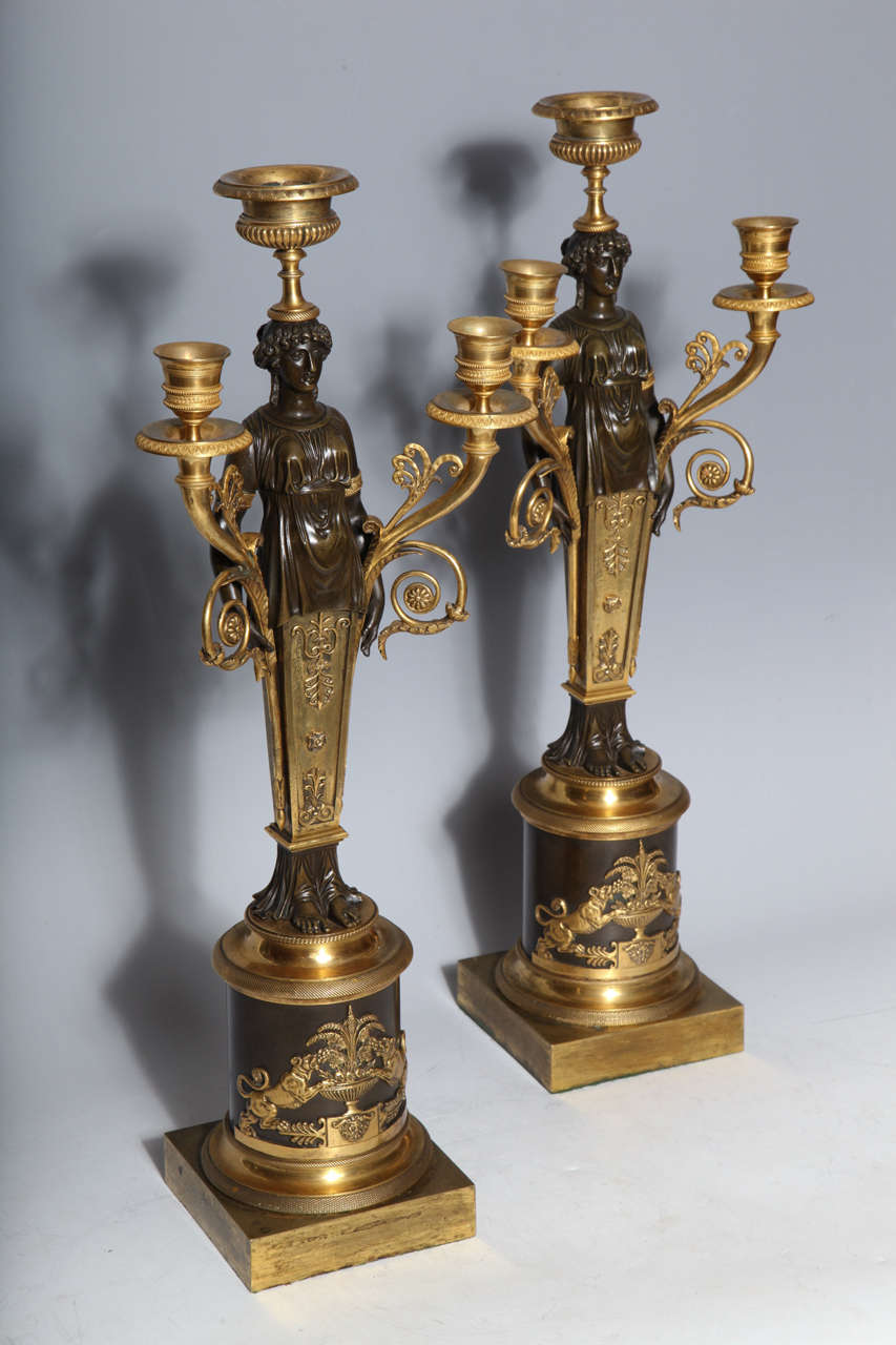 Neoclassical A Fine Pair of Antique French Empire Period Three Light Candelabra.