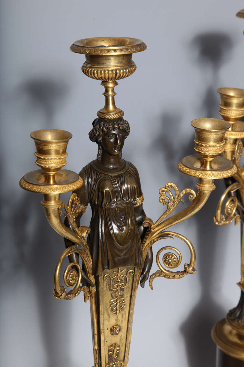 A Fine Pair of Antique French Empire Period Three Light Candelabra. In Excellent Condition In New York, NY