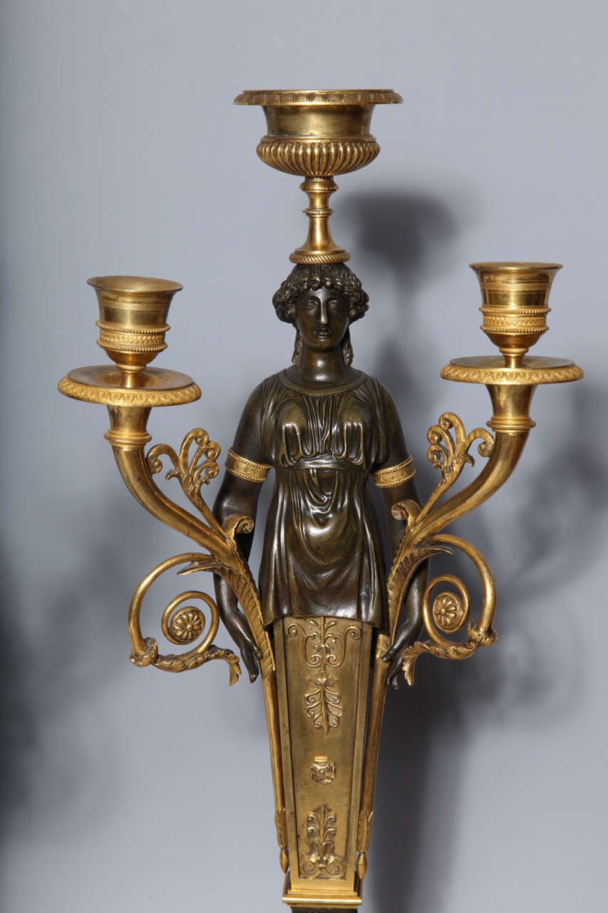 19th Century A Fine Pair of Antique French Empire Period Three Light Candelabra.