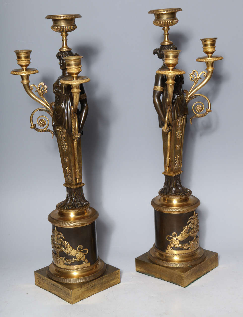 A Fine Pair of Antique French Empire Period Three Light Candelabra. 1