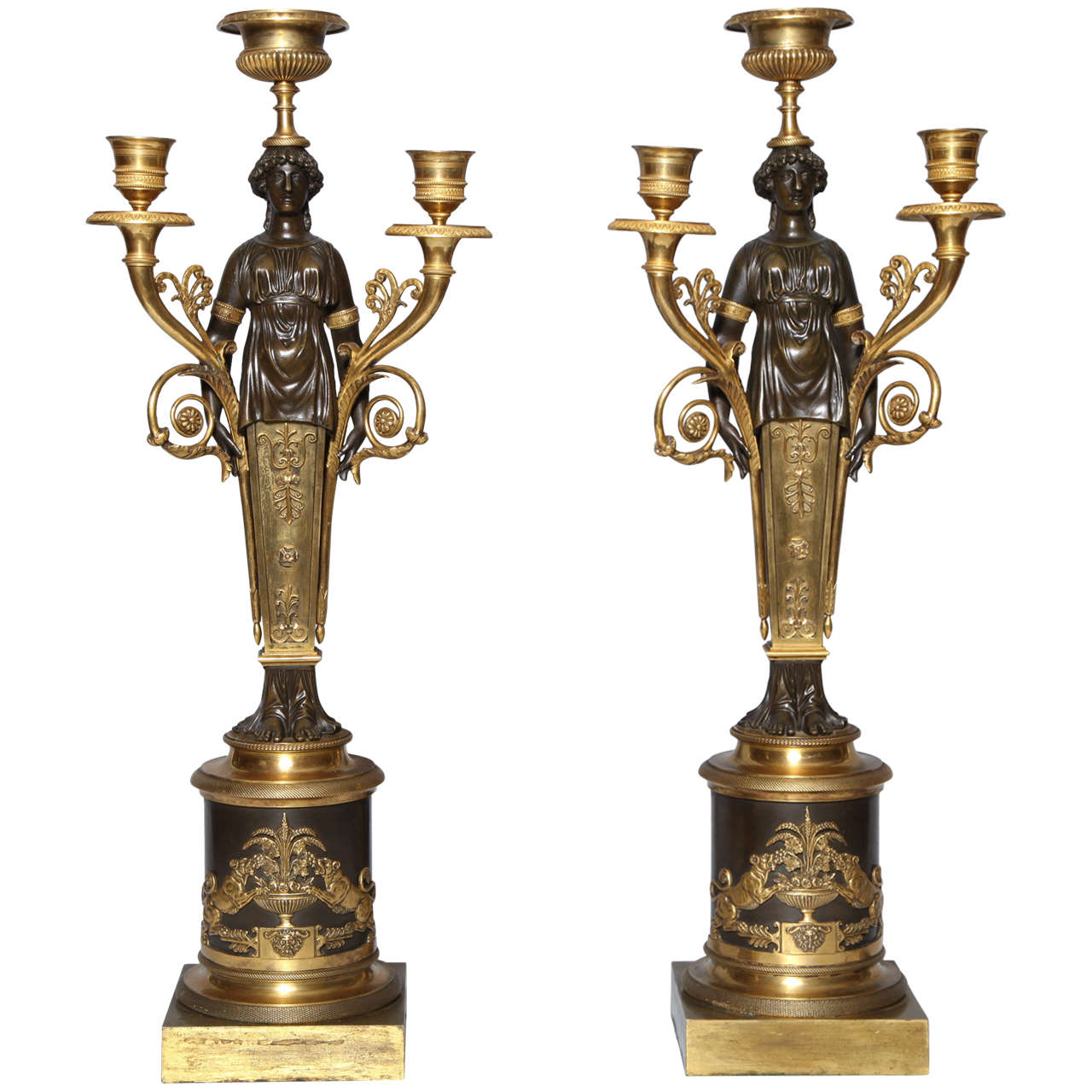 A Fine Pair of Antique French Empire Period Three Light Candelabra.