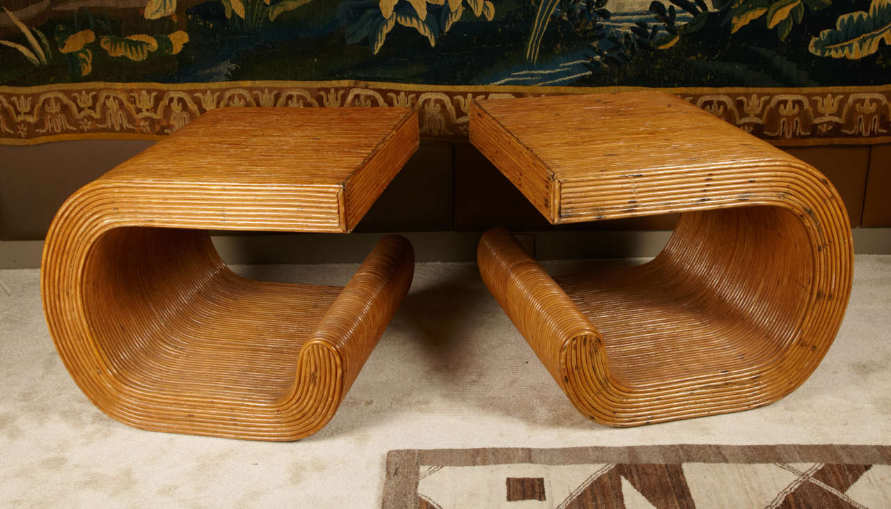 Pair of lovely small rattan side tables, in the style of Gabriella Crespi.