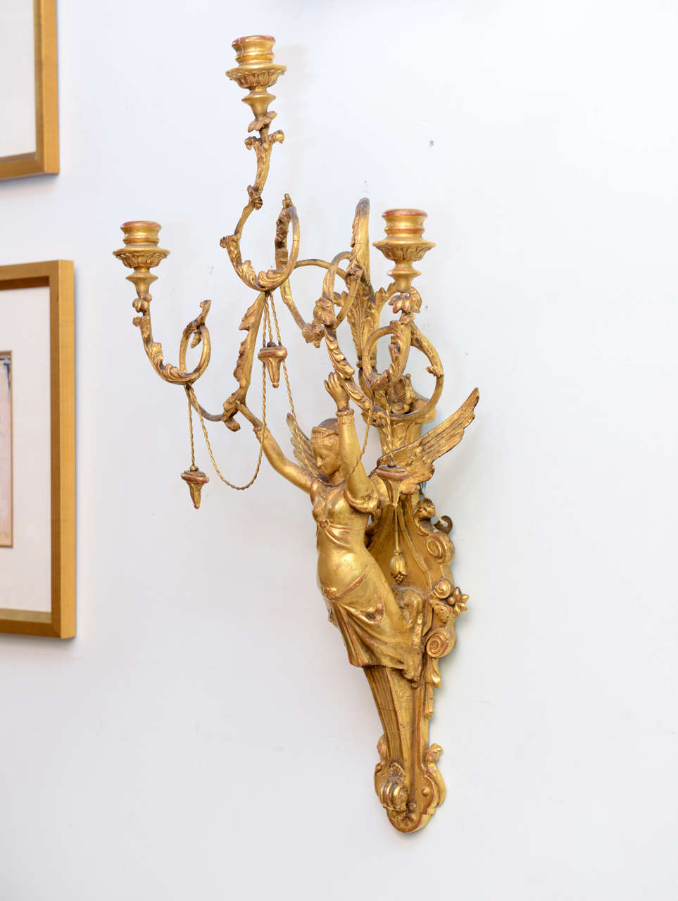 Exceptional Pair of Italian Empire Giltwood Three-Light Wall Appliques In Excellent Condition For Sale In Hollywood, FL